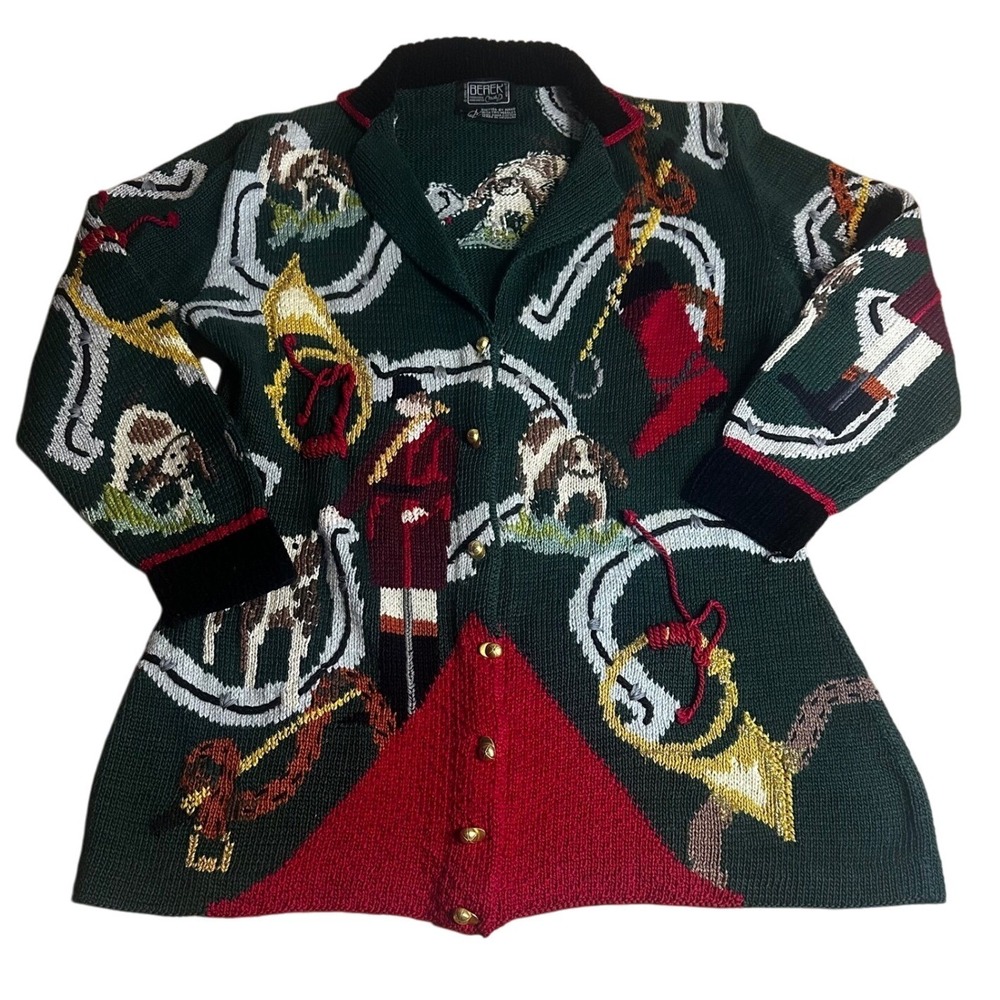Berek Vintage 1992 Equestrian Knit Cardigan Sweater L Hand Knit Pima Cotton